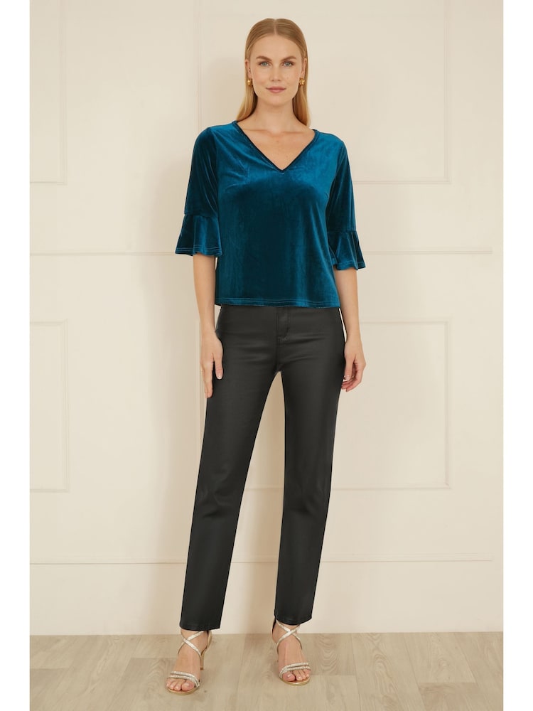 Yumi Blue Velvet Relaxed Fit Top With Fluted Sleeves - Image 2 of 4