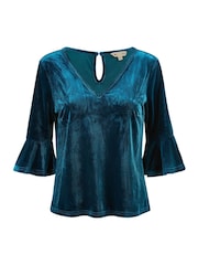 Yumi Blue Velvet Relaxed Fit Top With Fluted Sleeves - Image 4 of 4
