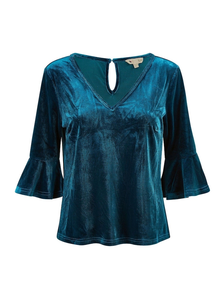 Yumi Blue Velvet Relaxed Fit Top With Fluted Sleeves - Image 4 of 4