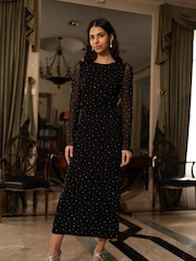 Yumi Black Mesh Bodycon Midi Dress With Tie Back and Diamantes - Image 1 of 5