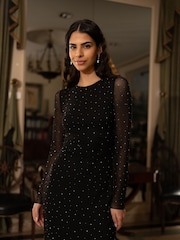 Yumi Black Mesh Bodycon Midi Dress With Tie Back and Diamantes - Image 3 of 5