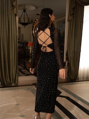 Yumi Black Mesh Bodycon Midi Dress With Tie Back and Diamantes - Image 4 of 5