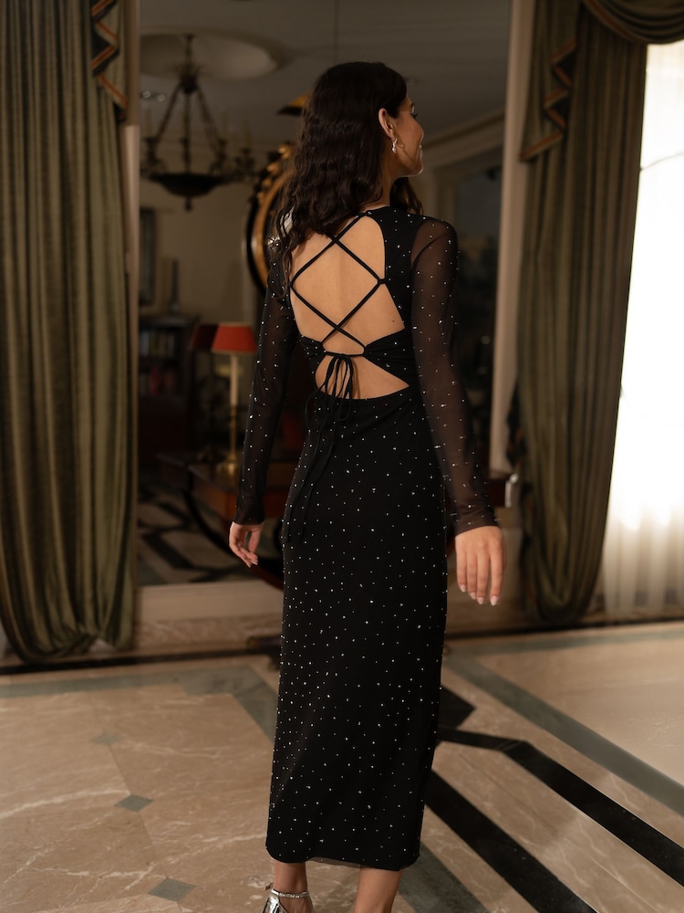 knee length dresses for ladies Off Track Black Bodycon Midi Dress With Sheer Sleeves – Club L London