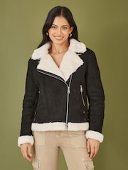 Yumi Black Faux Suede And Shearling Biker Jacket - Image 1 of 5