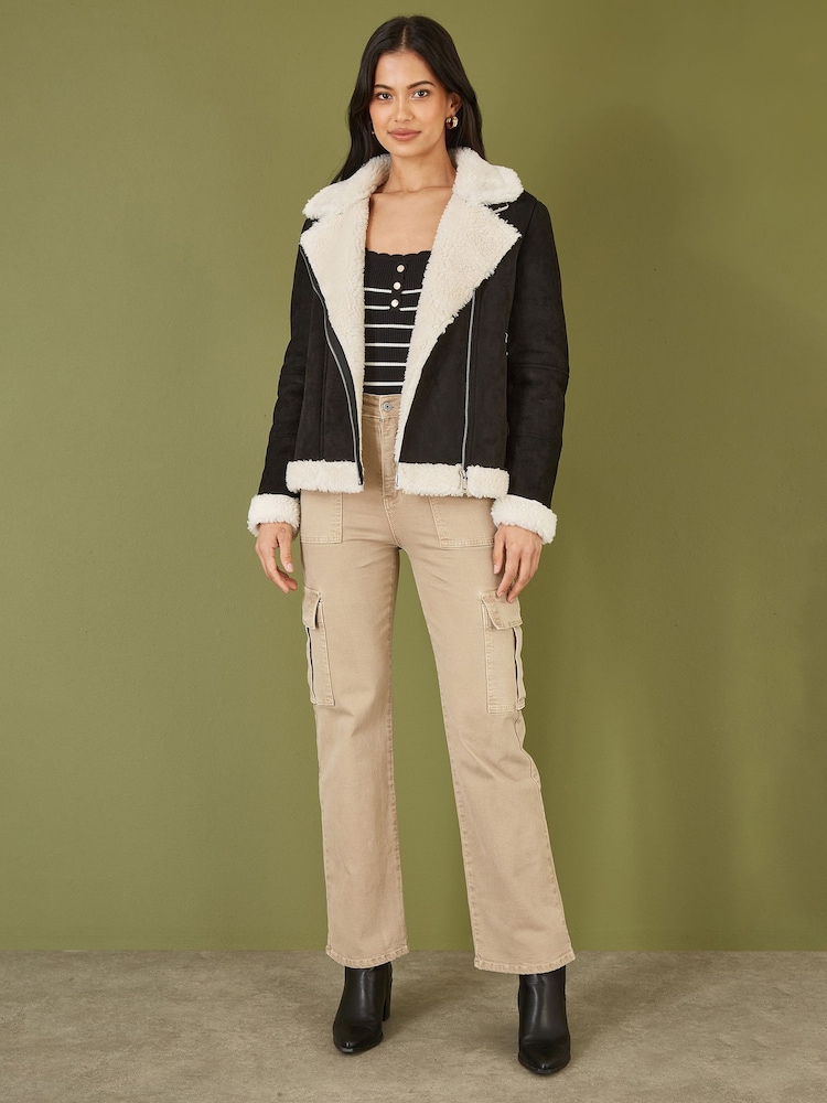 Yumi Black Faux Suede And Shearling Biker Jacket - Image 2 of 5