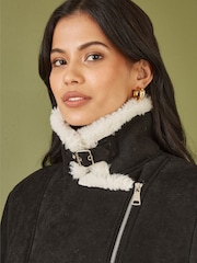 Yumi Black Faux Suede And Shearling Biker Jacket - Image 4 of 5