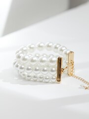 Mood Gold Tone Cream Pearl 3 Row Bracelet - Image 3 of 4