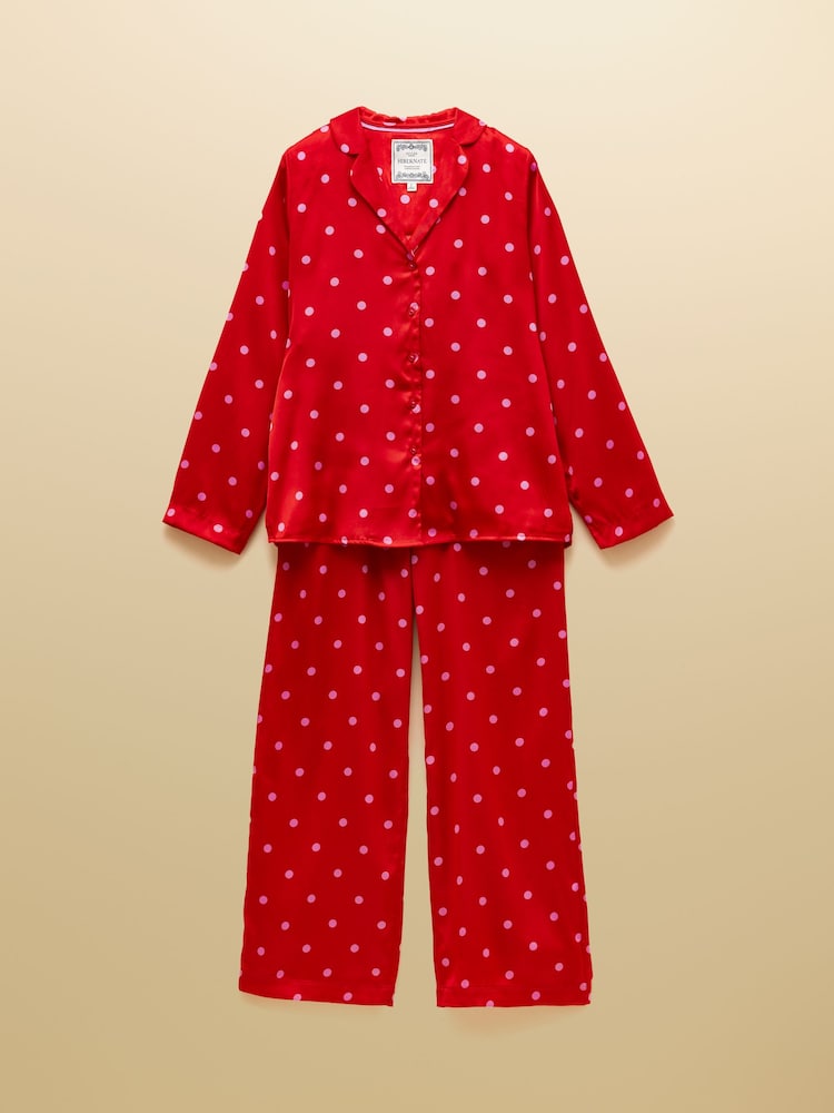 Joules Bonnie Red & Pink Spot Satin Long Sleeve Pyjama Set - Image 10 of 10 Joules Bonnie Red & Pink Spot Satin Long Sleeve Pyjama Set - Image 10 of 10
