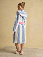 Joules Luna Cream/Blue Stripe Fleece Dressing Gown with Hood - Image 2 of 8