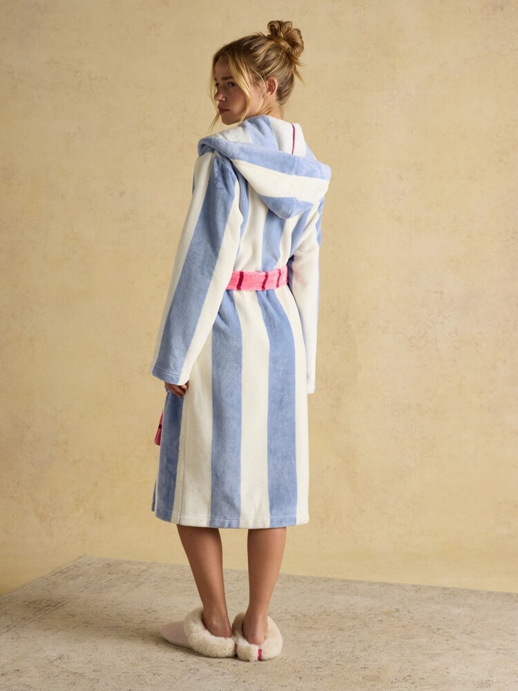Joules Luna Cream/Blue Stripe Fleece Dressing Gown with Hood - Image 2 of 8