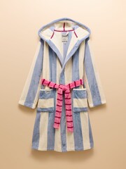 Joules Luna Cream/Blue Stripe Fleece Dressing Gown with Hood - Image 8 of 8