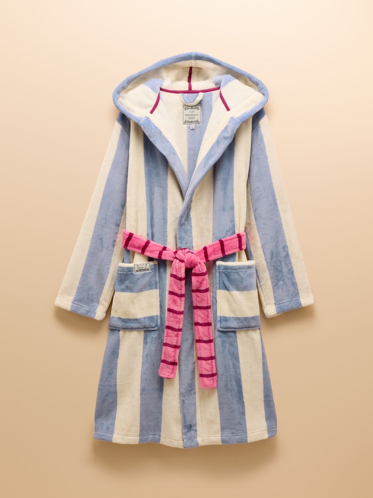 Joules Luna Cream/Blue Stripe Fleece Dressing Gown with Hood - Image 8 of 8 Joules Luna Cream/Blue Stripe Fleece Dressing Gown with Hood - Image 8 of 8
