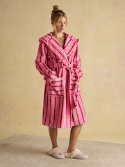 Joules Luna Pink Stripe Fleece Dressing Gown with Hood - Image 1 of 8
