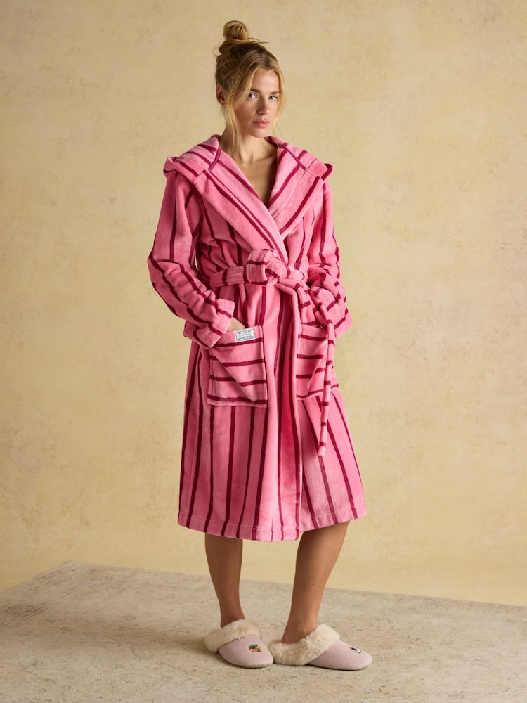 Joules Luna Pink Stripe Fleece Dressing Gown with Hood - Image 1 of 8
