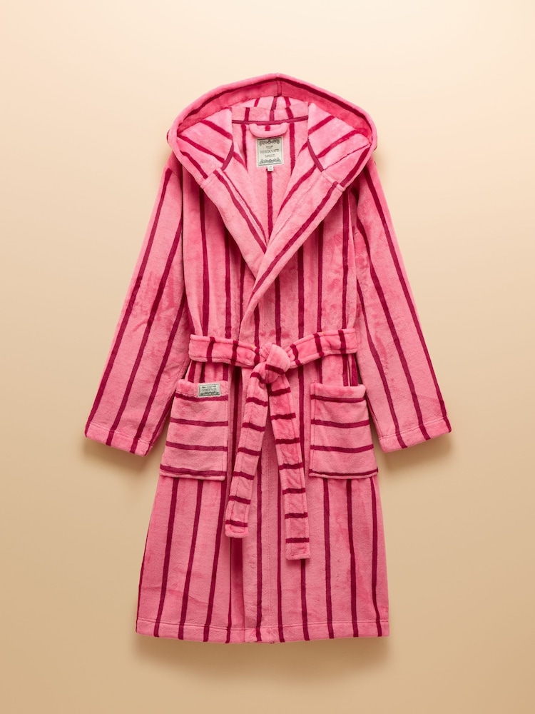Joules Luna Pink Stripe Fleece Dressing Gown with Hood - Image 8 of 8