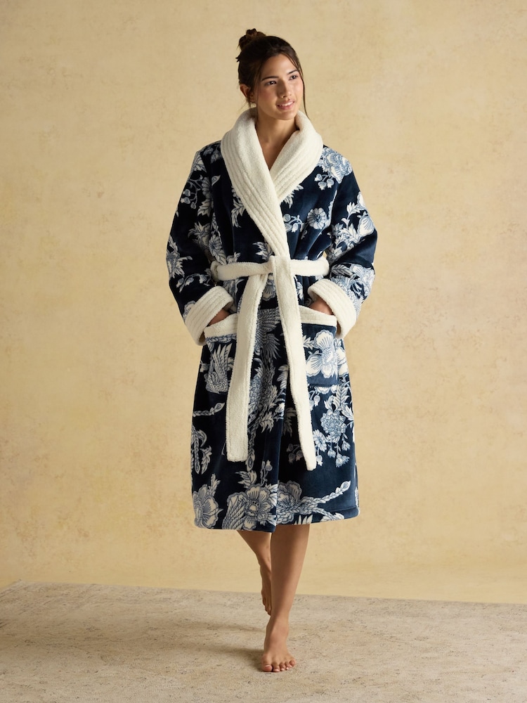 Joules Matilda Navy Floral Fleece Dressing Gown - Image 1 of 7 Joules Matilda Navy Floral Fleece Dressing Gown - Image 1 of 7