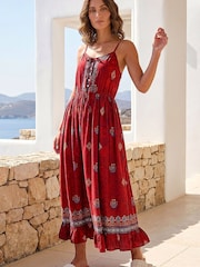 Roman Red Petite Strappy Tier Hem Maxi Dress - Image 1 of 4