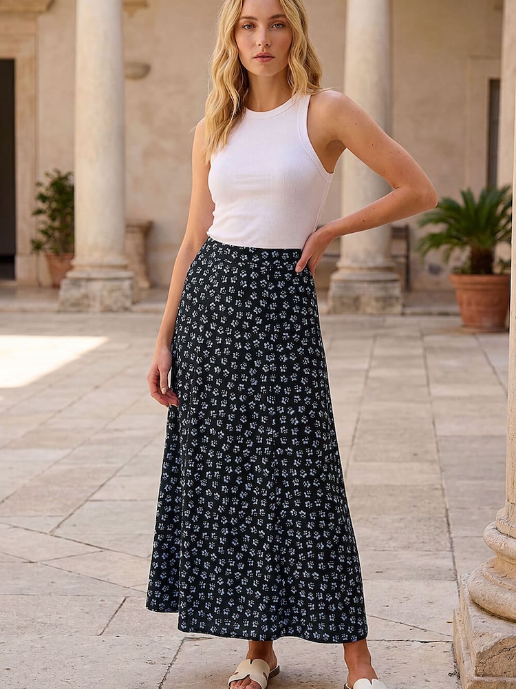 Roman Blue Mini Floral Print Panel A-Line Skirt - Image 2 of 4 Roman Blue Mini Floral Print Panel A-Line Skirt - Image 2 of 4