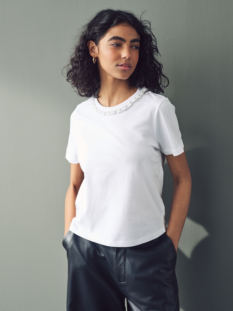 Blanco/plateado - Chain Neck Detail 100% Cotton T-Shirt - Imagen 2 de 7