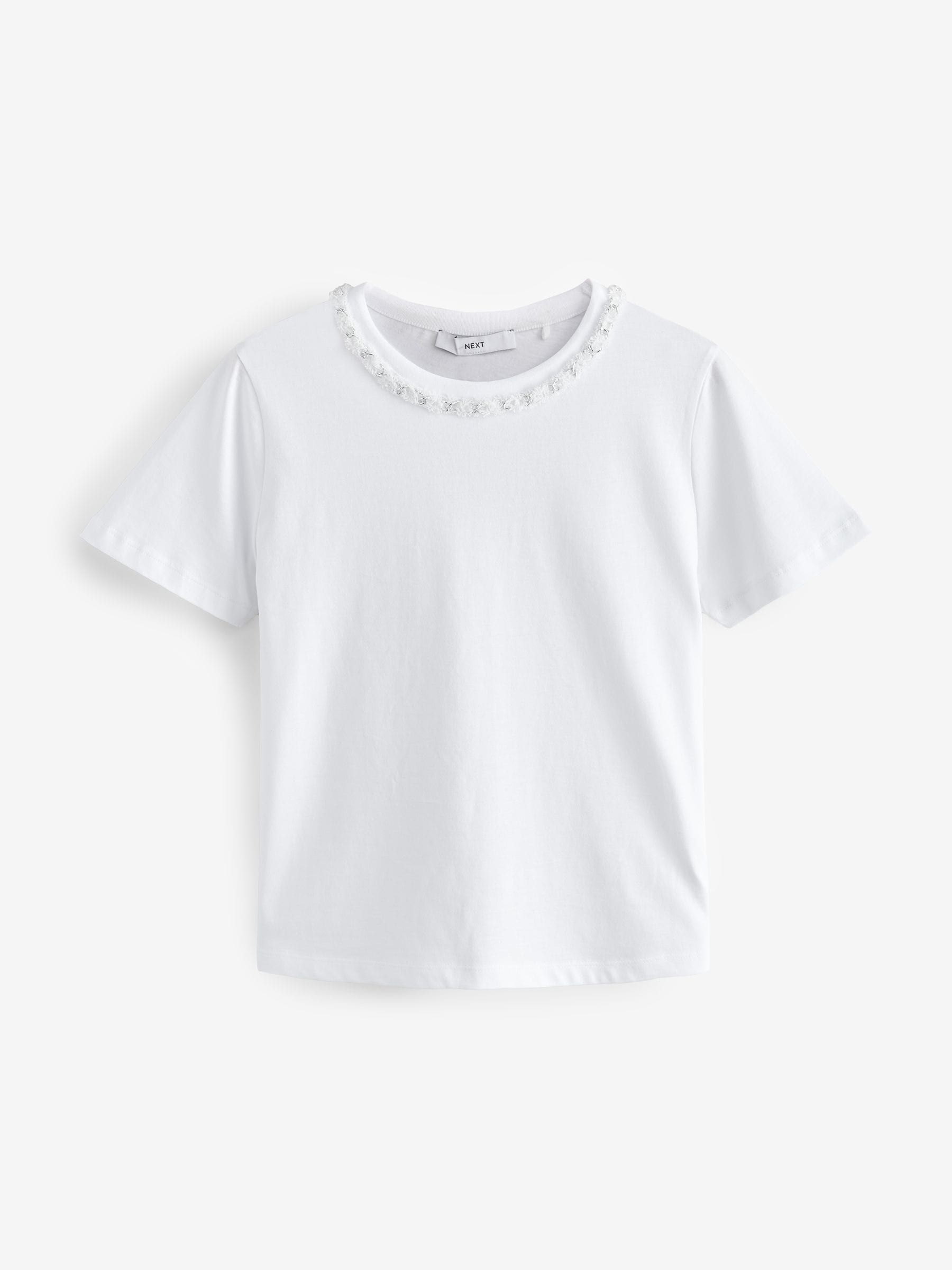 Buy White/Silver Chain Neck Detail 100% Cotton T-Shirt from Next USA