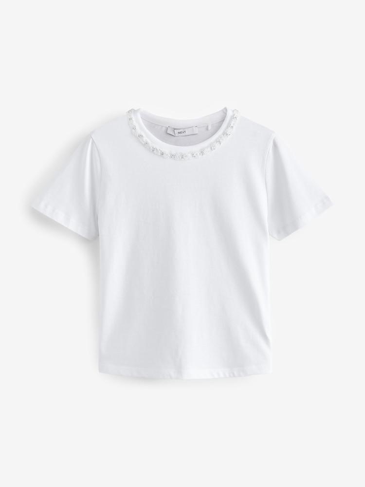 White/Silver Chain Neck Detail 100% Cotton T-Shirt - Image 5 of 7