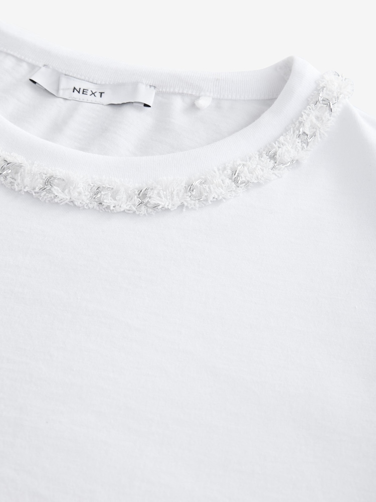 White/Silver Chain Neck Detail 100% Cotton T-Shirt - Image 6 of 7