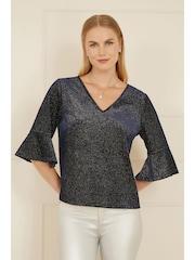 Yumi Blue Relaxed Fit Sparkle Velvet Top With Fluted Sleeves - Image 1 of 5