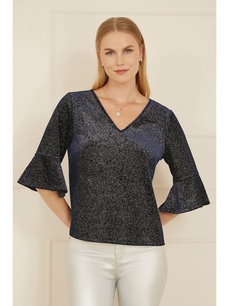 Yumi Blue Relaxed Fit Sparkle Velvet Top With Fluted Sleeves - Image 1 of 5