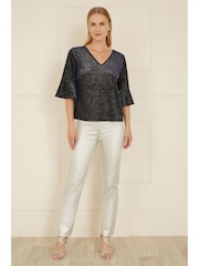 Yumi Blue Relaxed Fit Sparkle Velvet Top With Fluted Sleeves - Image 2 of 5