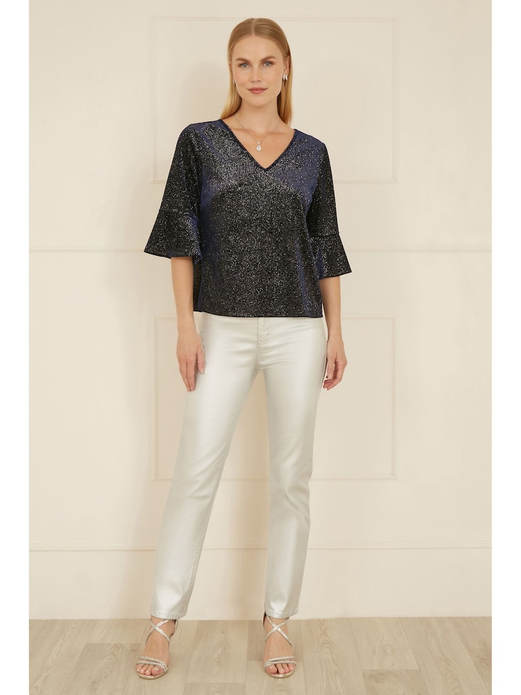 Yumi Blue Relaxed Fit Sparkle Velvet Top With Fluted Sleeves - Image 2 of 5
