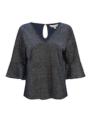 Yumi Blue Relaxed Fit Sparkle Velvet Top With Fluted Sleeves - Image 5 of 5