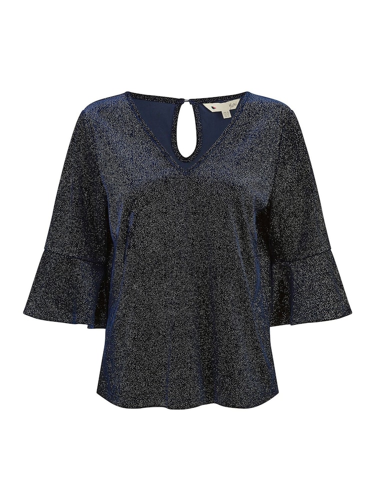 Yumi Blue Relaxed Fit Sparkle Velvet Top With Fluted Sleeves - Image 5 of 5