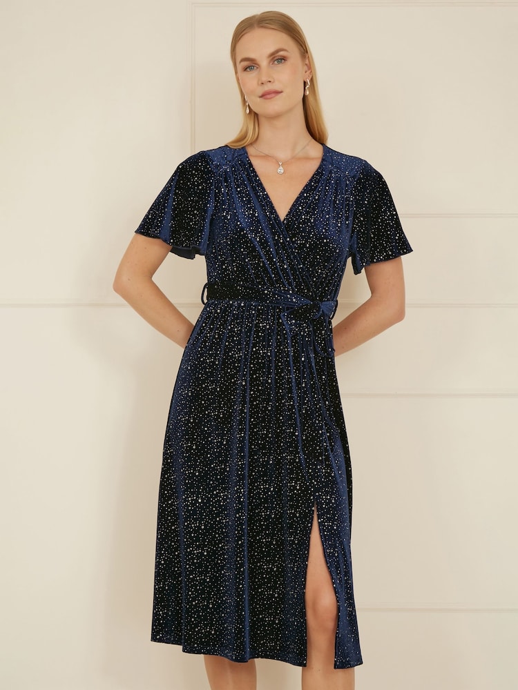 Yumi Blue Velvet Sparkle Wrap Midi Dress - Image 1 of 5