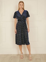 Yumi Blue Velvet Sparkle Wrap Midi Dress - Image 2 of 5