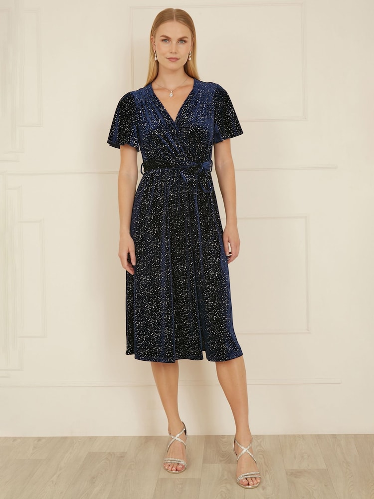 Yumi Blue Velvet Sparkle Wrap Midi Dress - Image 2 of 5
