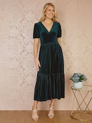 Yumi Green Velvet Midi Dress - Image 1 of 5
