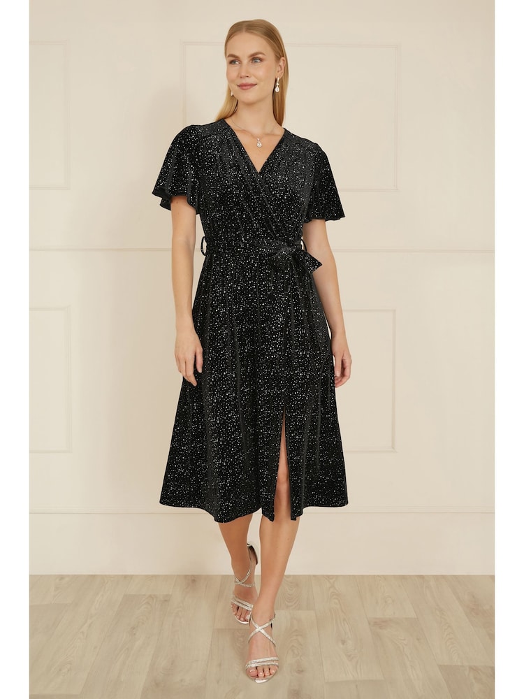 Yumi Black Velvet Sparkle Wrap Midi Dress - Image 2 of 5