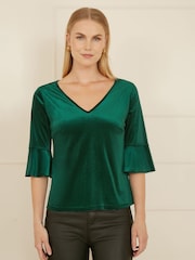 Yumi Green Velvet Relaxed Fit Top With Fluted Sleeves - Image 1 of 4