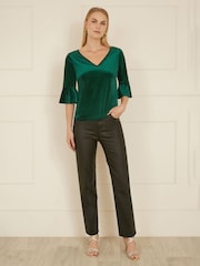 Yumi Green Velvet Relaxed Fit Top With Fluted Sleeves - Image 2 of 4