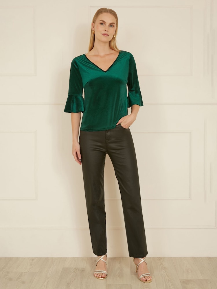 Yumi Green Velvet Relaxed Fit Top With Fluted Sleeves - Image 2 of 4