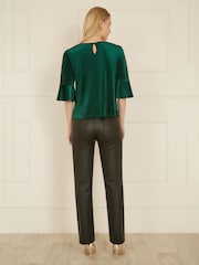 Yumi Green Velvet Relaxed Fit Top With Fluted Sleeves - Image 3 of 4