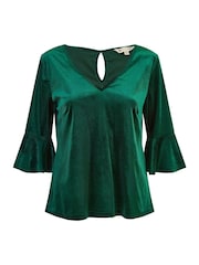 Yumi Green Velvet Relaxed Fit Top With Fluted Sleeves - Image 4 of 4
