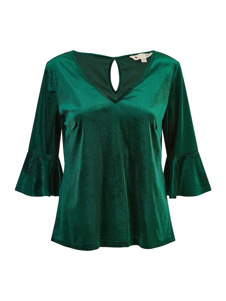 Yumi Green Velvet Relaxed Fit Top With Fluted Sleeves - Image 4 of 4