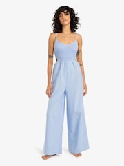 Billabong Blue 100% Cotton To the Moon Open Back Chambray Jumpsuit - Imagen 1 de 5