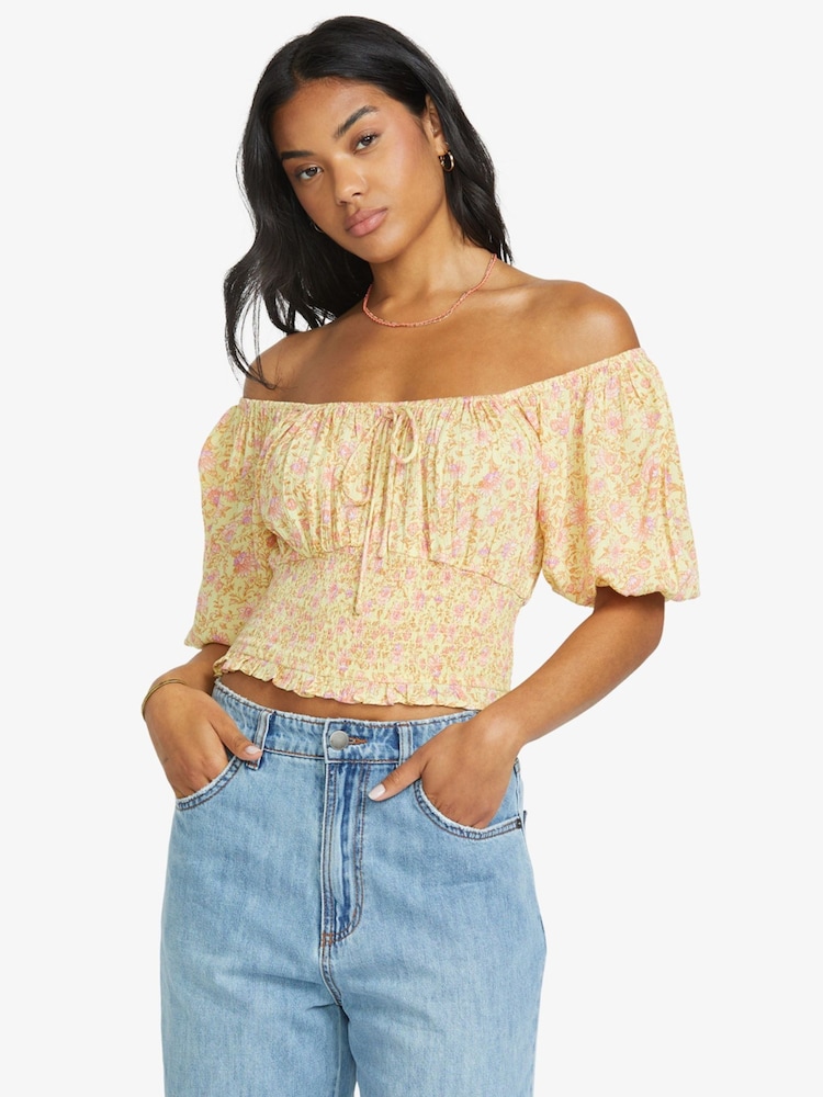 Blusa floral de verão Billabong Sunspell Yellow Wish Away Bardot - Imagem 1 de 4