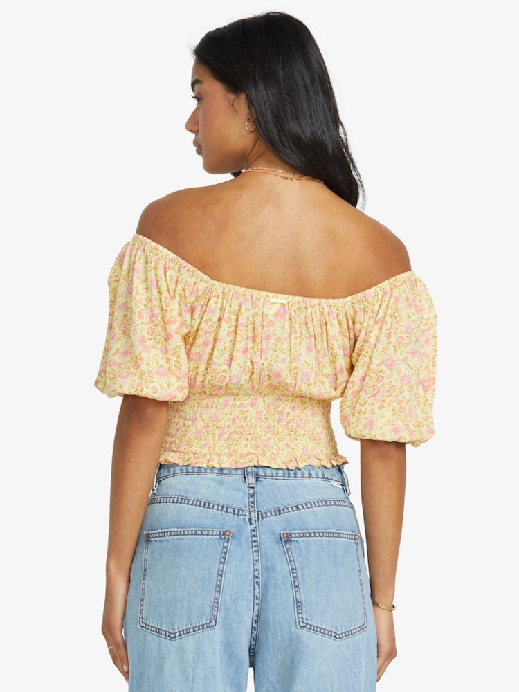 Blusa floral de verão Billabong Sunspell Yellow Wish Away Bardot - Imagem 2 de 4