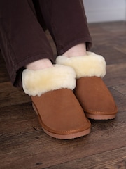 Lakeland Leather Brown Ladies Sheepskin Cuff Low Bootie Slippers - Image 1 of 3