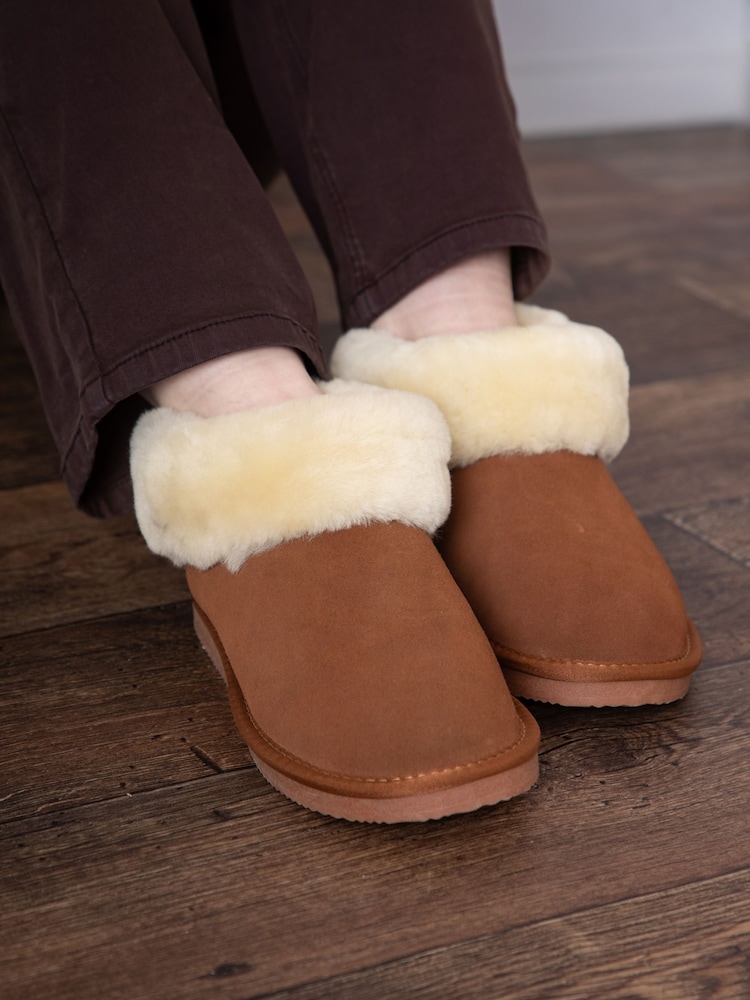 Lakeland Leather Brown Ladies Sheepskin Cuff Low Bootie Slippers - Image 1 of 3