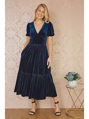 Yumi Blue Velvet Midi Dress - Image 1 of 5