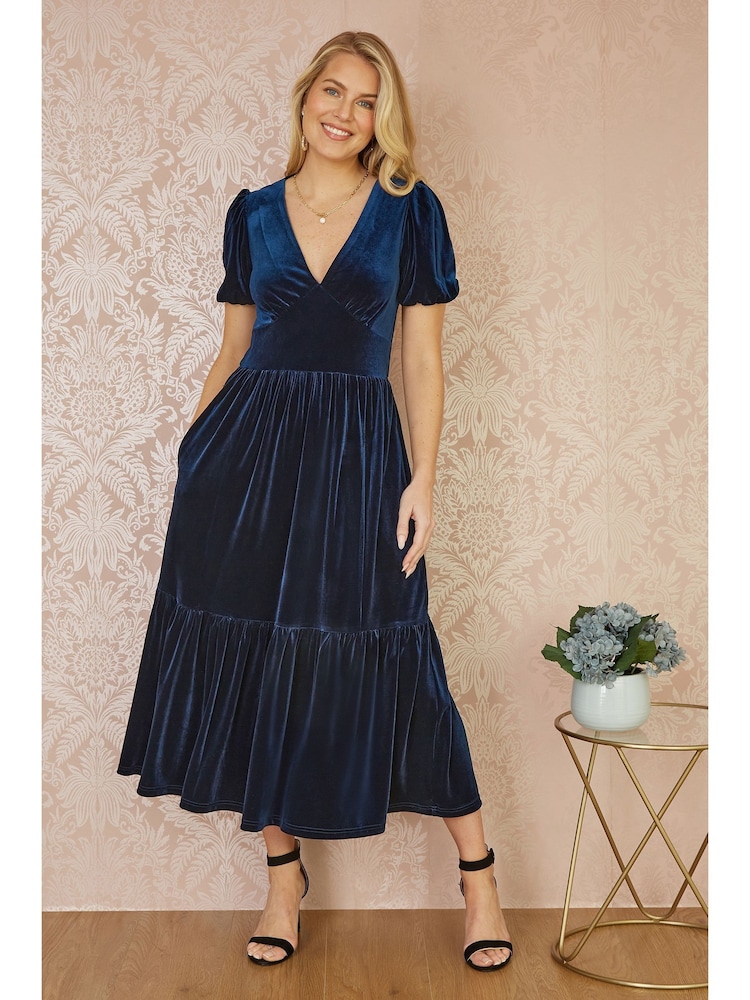 Yumi Blue Velvet Midi Dress - Image 1 of 5